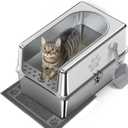 Enclosed Stainless Steel Cat Litter Box with Lid, Metal Litter Box for Big Cats, Extra Large Cat Toilet with High Side, Non-Stick, Anti-Leakage, Odorless, with Cats Litter Mat & Litter Scoop (L-23.6"x15.7"x11.8")