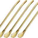uxcell Stainless Steel Spoon Straws, 5Pcs 7.2" Reusable Metal Long Handle Straw Spoon with Filter Drinking Straws for Milkshake Drinks Cocktail, Gold