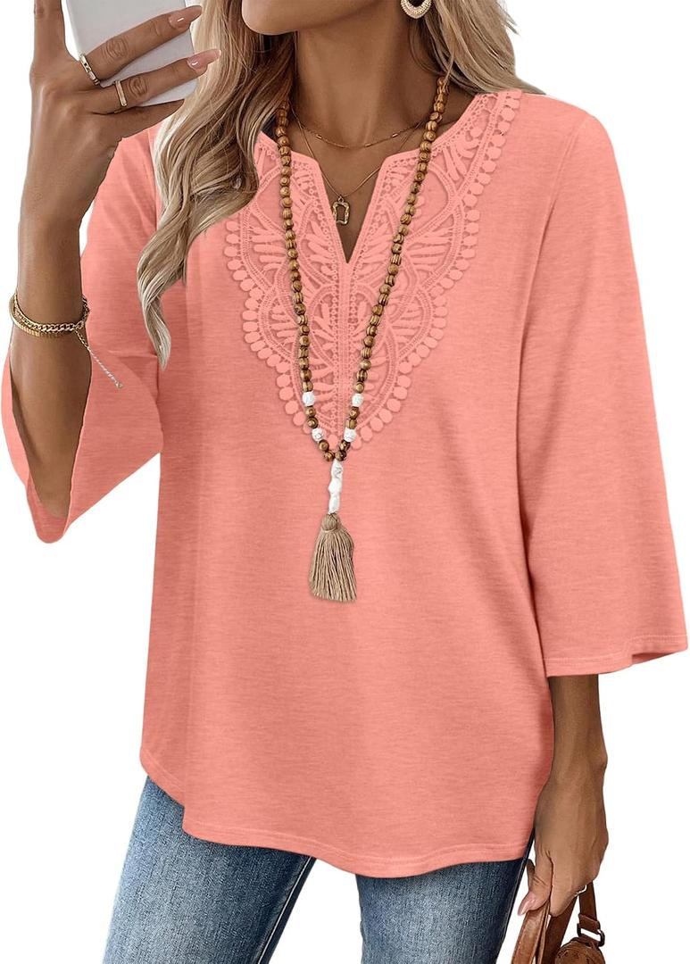 WIHOLL 3/4 Length Sleeve Womens Tops Boho V Neck Lace Shirt Trendy Blouses Dressy Casual Vacation Clothes  (Pink, S)