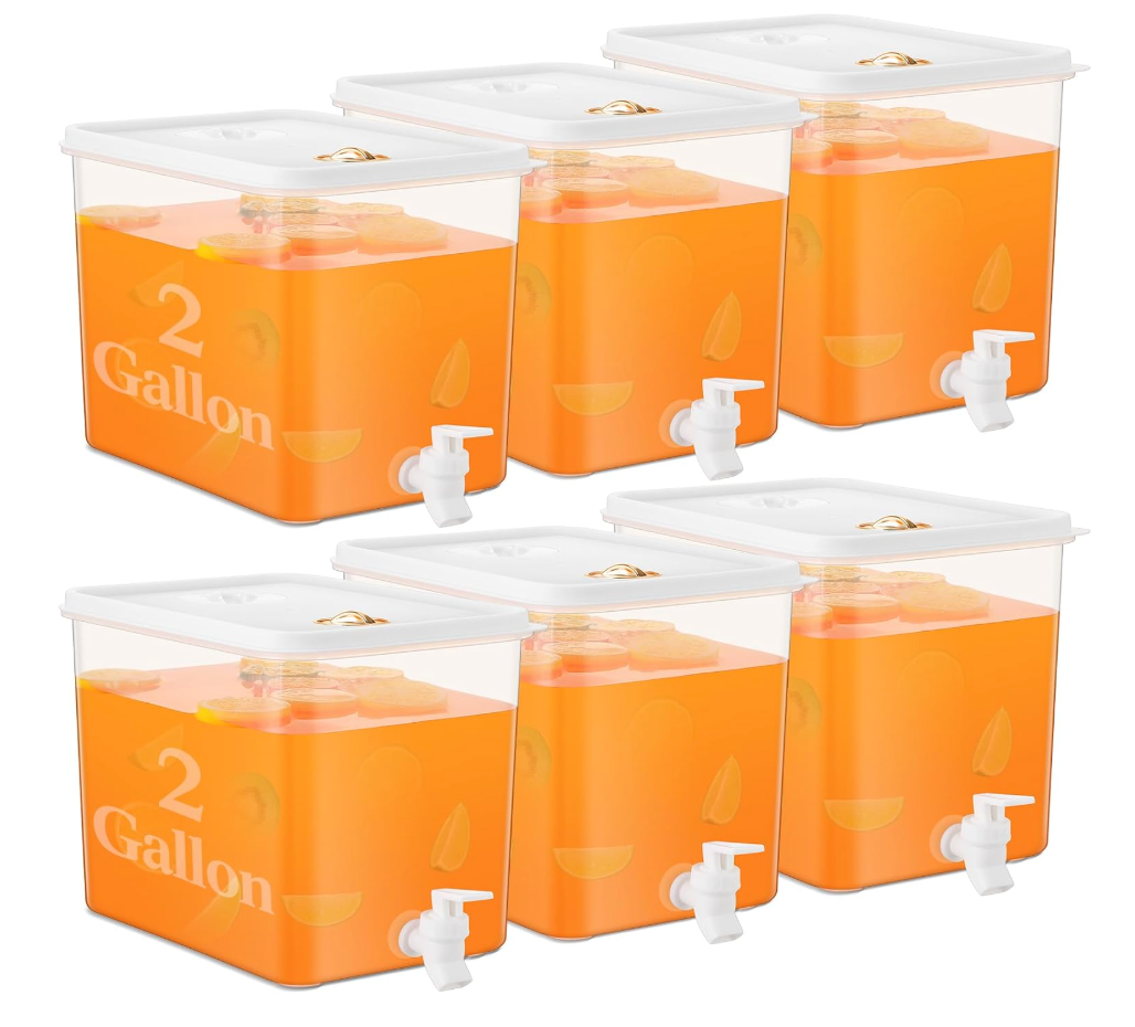 Domensi 6 Pack 2 Gallon Drink Dispenser for Fridge with Spigot Water Dispenser Leak Proof Lids Filter Screen Beverage Juice Container Sealed Plastic Lemonade Milk Cold Hot Drink Tea Jug for Party