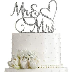Mr and Mrs Cake Topper Decoration For Bride and Groom Sign Wedding/Engagement , Silver Glitter Acrylic