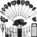 Kitchen Utensil Set-Silicone Cooking Utensils-33 Kitchen Gadgets & Spoons for Nonstick Cookware-Silicone and Stainless Steel Spatula Set-Best Kitchen Tools, Useful Pots and Pans Accessories (Black)