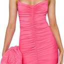 Women Sexy Spaghetti Straps Backless Lacing Pleated Slim Fit Summer Mini Dress for Cocktail Party (Small, Pink)