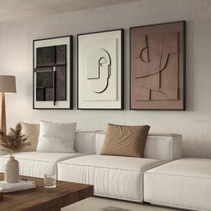 Large 3D Textured Framed Abstract Wall Art for Living Room, 3 Piece Modern Paintings Artwork for Walls, Black White Brown Geometric Sandstone Texture Pictures for Hallway Office Home Decor 24x36 In, 24"W x 36"H x 3Pcs