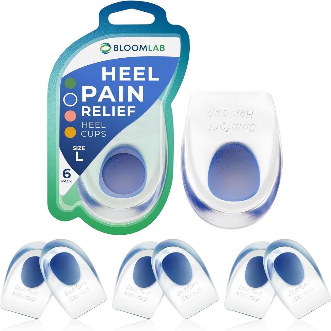 Gel Heel Pads, 6 Pack, for Achilles Tendonitis, Shoe Wedge Inserts for Plantar Fasciitis, Bone Spur, Foot Pain Relief Support, Comfort Cushion Insoles for Women/Men (Size L (Men 1114, Women 1214.5), 1 - 3 Pairs - Blue)