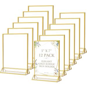 MaxGear 5x7 Gold Acrylic Sign Holder 12 Pack, Gold Table Number Holders, Mini Frames Double Sided Acrylic Picture Frames Photo Stand, Clear Menu Flyer Stand for Wedding, Home, Restaurant