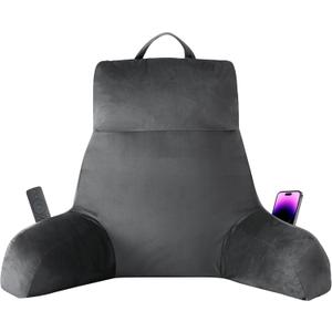 IPYNBAP Reading Pillow with Arms for Adult, Back Pillow for Bed Sitting Up, Shredded Memory Foam Backrest Pillow with Pockets & Removable Washable Cover, Lounging, Watching TV, Reading(24inch Grey)