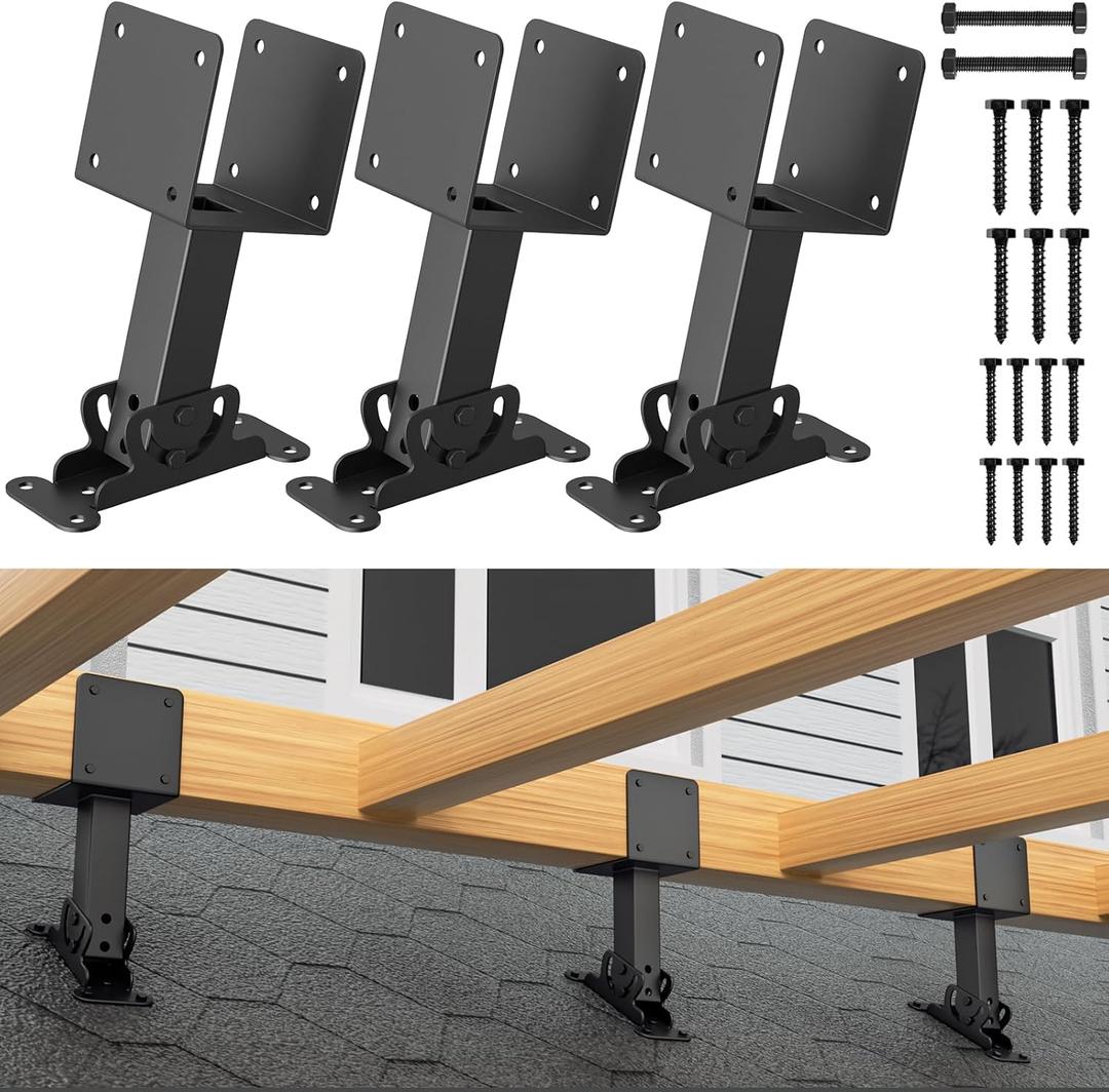 4x4 Heavy Duty Adjustable Angle Pergola Brackets Kit, Black Metal Roof Riser Beam Bracket (3 Pack)