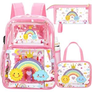 Kacctyen 3 Pcs Clear Backpack Heavy Duty Clear Bookbag Transparent Backpack with Lunch Bag(Light Pink,Rainbow)