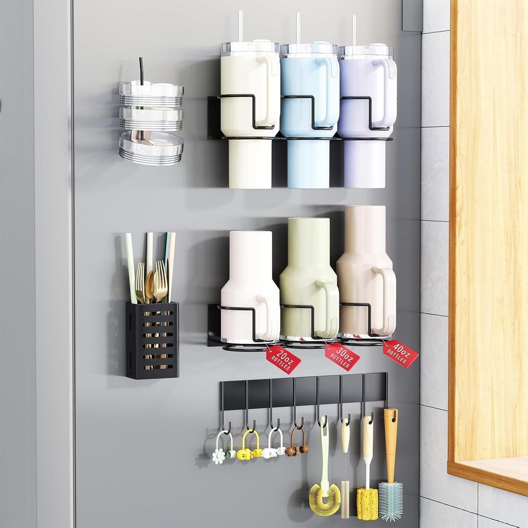 Magnetic Cup Holder for Fridge, Aufworld Tumbler Organizer with 8-Hook Rack, Fits 20/30/40 oz Stanley Cups, Accessory Storage with Lid & Straw Holder, Water Bottle Organizer for Kitchen Refrigerator