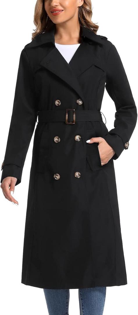 Women's Waterproof Long Trench Coat Double Breasted Length Classic Lapel Belt Coat With Removable Hood, Large