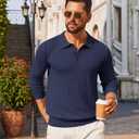 COOFANDY Men Long Sleeve Quarter Button Sweaters Ribbed Knit Pullover Sweater Casual Cable Polo Shirt Fall Polo Sweaters Blue Purple (Blue)