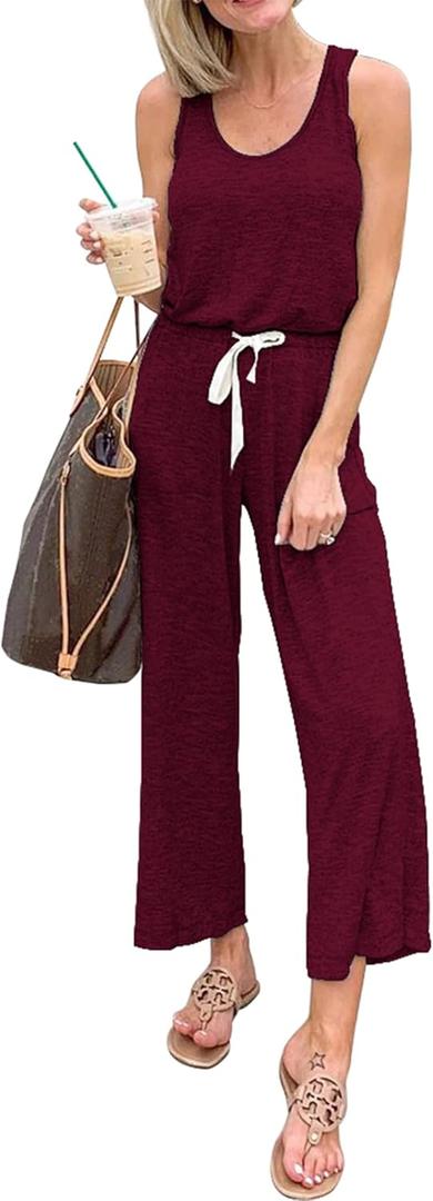 PRETTYGARDEN One Piece Jumpsuits for Women 2025 Summer Casual Drawstring Sleeveless Tank Romper Beach Vacation Outfits (Small, Z-Red)