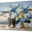 Coastal Blue Flower Wall Art for Living Room Beach Floral Canvas Print Modern Hydrangea Flowers Picture Ocean Theme Seascape Print Painting Hanging for Home Office Bedroom Dining Room 20x40inch