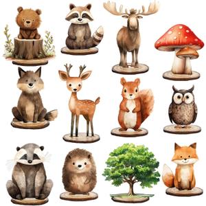 12Pcs Forest Animal Wood Table Sign Cute Woodland Animal Wooden Cutouts with Base Tiered Tray Decor for Farmhouse Birthday Baby Shower Home School Office