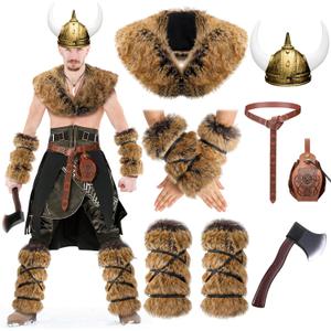 Realspring 8 Pcs Halloween Viking Costume Medieval Viking Costume Faux Fur Mantle Shoulder Helmet Adult Norse Warrior Outfit (Brown)