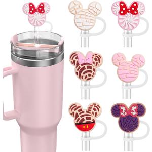 6PCS Straw Covers for Stanley Cup Tumbler 30 oz / 40 oz Leak Proof Straw Toppers 10mm Silicone Cute Straw Stopper Caps for Stanley Cup Accessories-Pink Mice