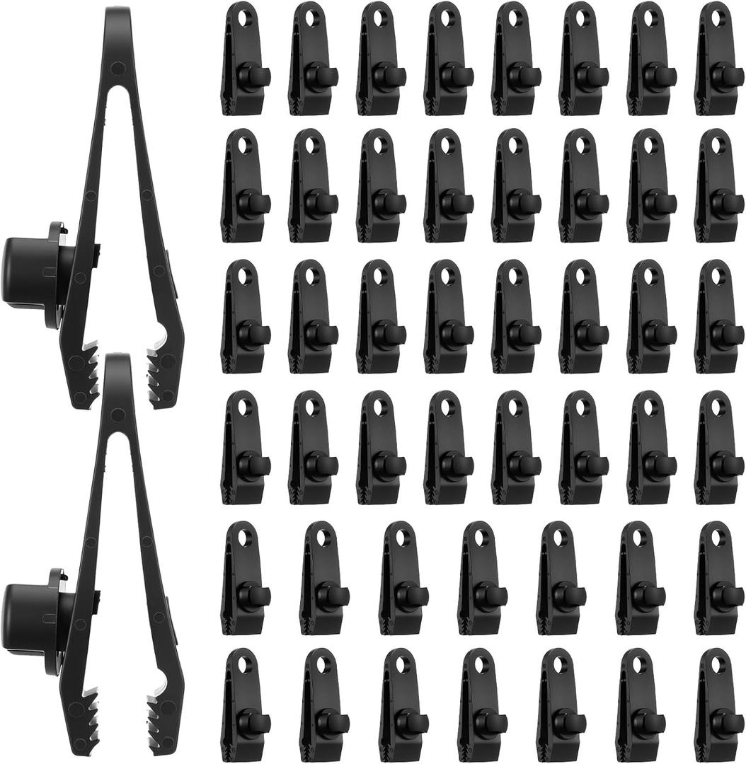 48 PCS Tarp Clips Heavy Duty Lock Grip, ABS Tarp Clamps with Teeth, Reusable Shark Tent Fasteners for Camping Awnings, Car Truck, Boat, Pool Covers (Black)