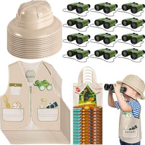 Haysandy 48 Pcs Kids Explorer Costume Set Include Plastic Explorer Safari Hats Jungle Party Vest Safari Tote Bag Adventure Binoculars for Kids Activities Jungle Zoo Birthday Party Supplies Favors