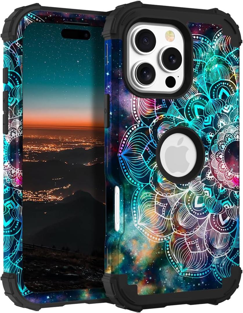 Hocase for iPhone 16 Pro Max Case, Heavy Duty Shockproof Protection Soft Silicone Rubber+Hard Plastic Bumpers Hybrid Protective Case for iPhone 16 Pro Max 2024 - Mandala in Galaxy