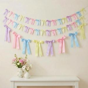 3 Pcs Pastel Bow Garland Banner Pre Strung Satin Ribbon Hanging Party Bow Garland Decoration for Easter Birthday Bachelorette Bridal Showers Engagement Wedding Party Supplies