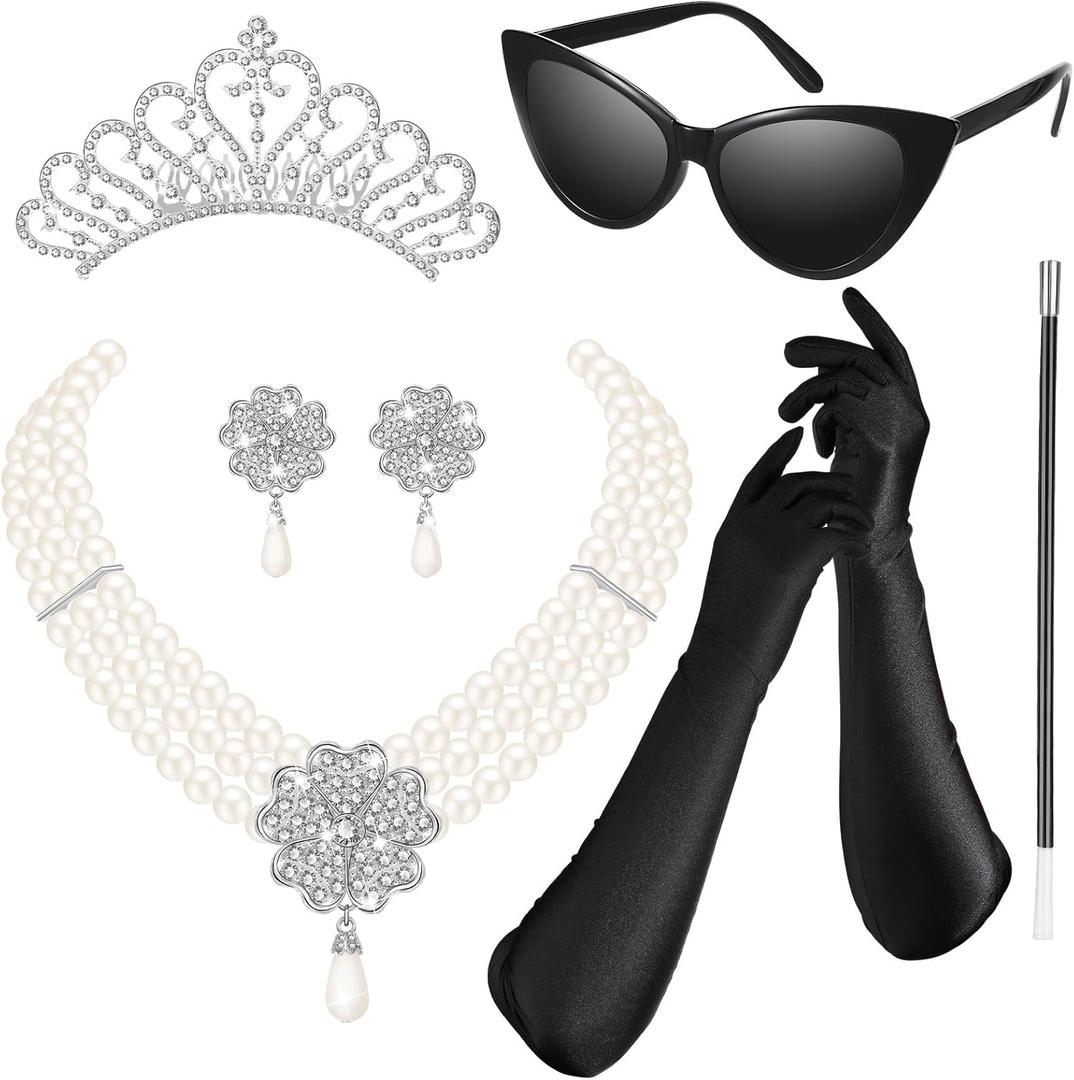 BBTO 6 Pieces 1920s Accessories for Women Costume Set Pearl Dangle Pendant Necklace Earrings