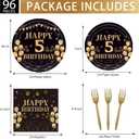 96PCS 5th Birthday Party Plates Set Black and Gold Theme Decorations Include Black Gold Plates and Napkins Forks for 5 Year Old Boys Girls Birthday Party Supplies Serves 24 Guests