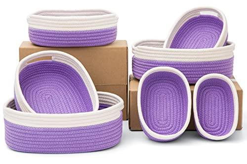 HLWDFLZ 7 Piece Cotton Rope Woven Basket Set - Small Basket for Baby Nursery, Pets, Montessori, Dog & Cat Toy Boxes, Bathroom Organization Bins (White/Purple)