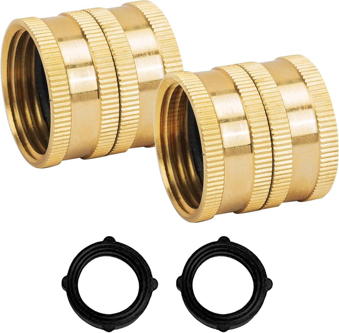 Hourleey Garden Hose Adapter, 3/4 Inch Solid Brass Hose Connectors, 2 Pack Hose Connector with 2 Extra Washers (Female to Female)
