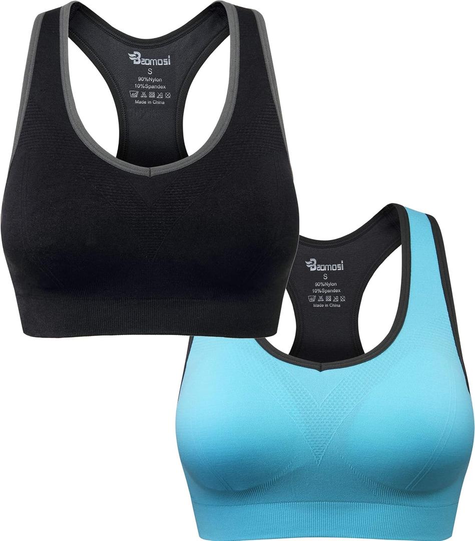 Women's Seamless Racerback Sports Bra High Impact Support Yoga Gym Workout Fitness (XX-Large, 2pcs (Black,blue))