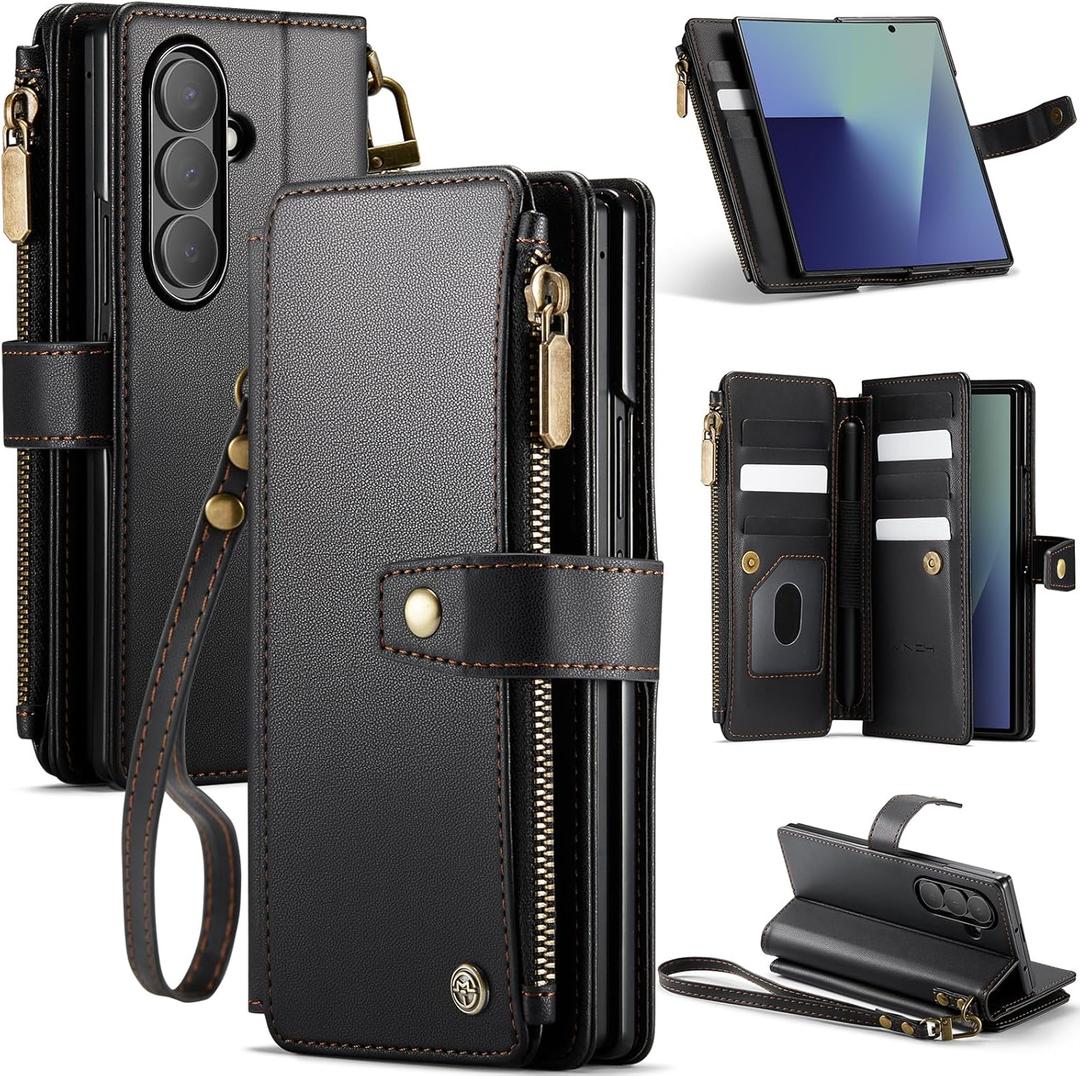Vinich for Samsung Galaxy Z Fold 7 Wallet Case with Card Holder, Detachable Strap RFID Blocking Credit Slots Kickstand Shockproof Phone Cover Fit for Galaxy Z Fold 7 8.0" Black