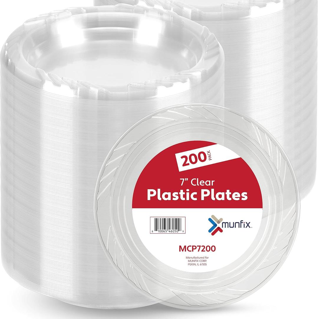Munfix 200 Clear Plastic Plates Set - 7 Inch Disposable Dessert/Salad Plates, Bulk Pack for Party BBQ, Picnic, Parties, Travel and Events, Microwavable Recyclable
