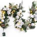 6ft Lighted Christmas Garland, Battery Operated Christmas Garland with 20 LED Lights Silver White Ball Ornaments Pine Cones Bow for Fireplace Mantle Stair Railing Outdoor Indoor Decorations