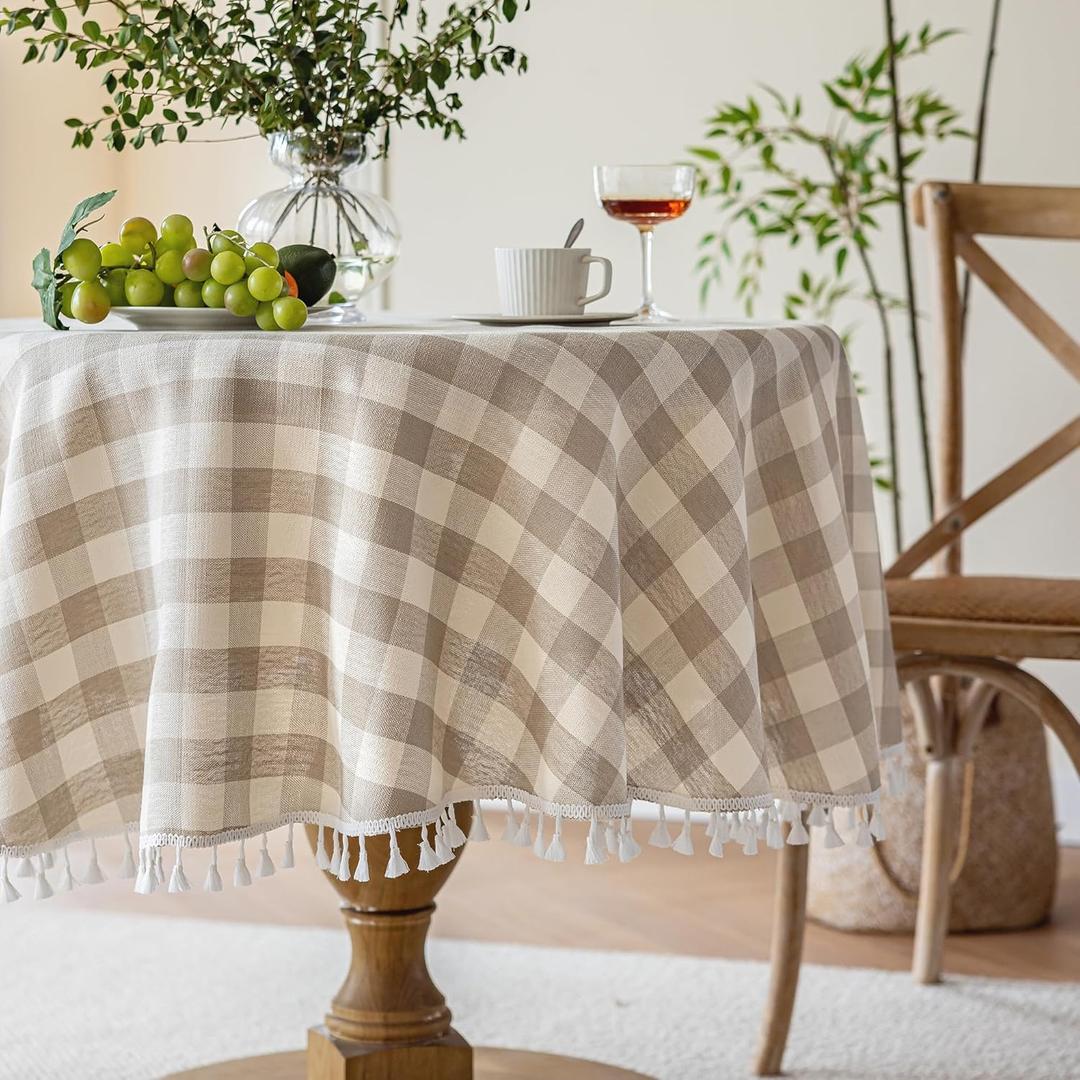 JIALE Gingham Round Tablecloth 60" Cotton Linen Fabric Table Cloth with Tassel Washable Wrinkle Free Buffalo Plaid Table Cover for Birthday Party Picnic Outdoor Kitchen Dining, Beige