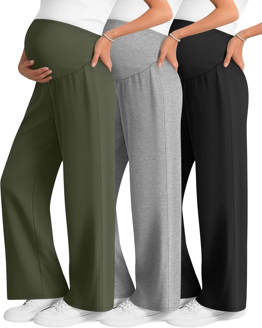 3 Pack Women's Maternity Lounge Pants Wide Leg Over The Belly Pregnancy Pajama Pants Loose Casual Trousers (Large, Army Green, Light Heather Gray, Black)