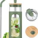 Kodrine 24oz Glass Tumbler with 2 Lids and Straws, Glass Cup With Bamboo Lid and On-the-go Lid, Reusable Iced Coffee Cup, Ideal for Smoothie, Cold Drinks, Fit Cup Holder, BPA Free (1, Olive)