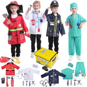 TopTie 4 Sets Kids Costumes w/Gift Box for Age 3-7, Halloween Children Dress Up Uniforms Fireman Doctor Police Surgeon