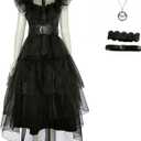 Halloween Women Black Gothic Tulle Cosplay Dress Party Ruffle Layered Prom Dance Costume Belt Necklace (Medium)