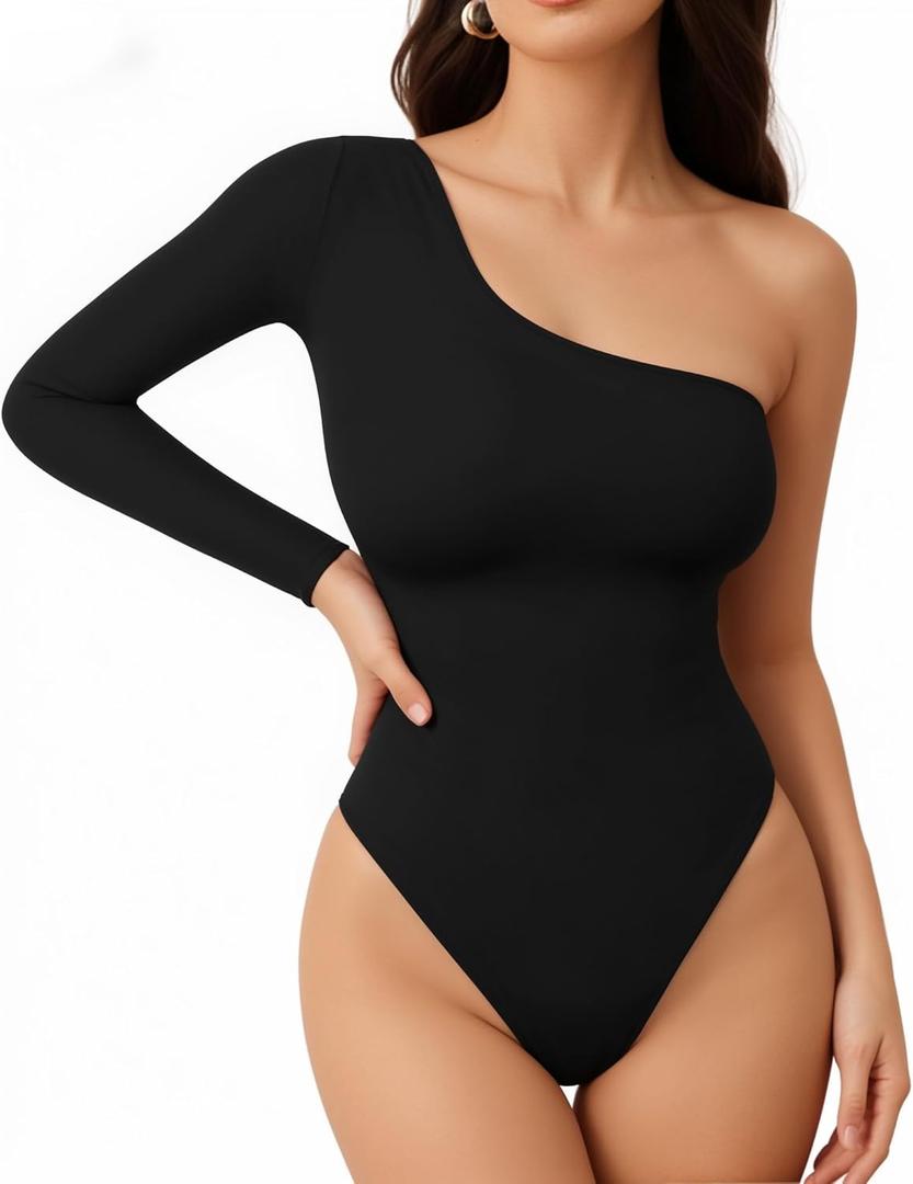 MANGOPOP Women's One Shoulder Tank Top Bodysuit Sexy Sleeveless Long Sleeve Backless Body Suits Off Shoulder Going Out Tops