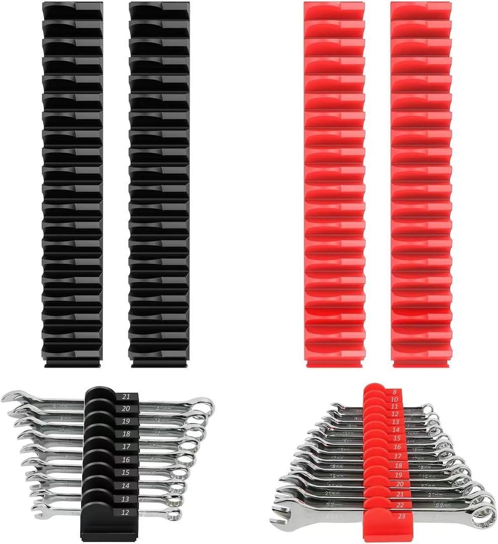 80 pcs MAGNETIC Modular Wrench Organizers for Tool Drawers - Wrench Rack with Metric & SAE Labels, Perfect Tool Storage Holder. Gift for father, brother and boyfriend (With Magnet) (Black and Red)