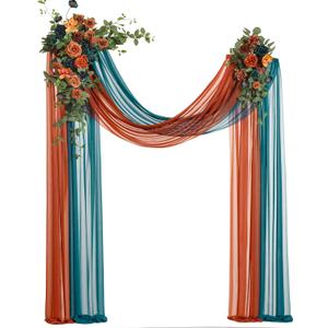 Ling's Moment Teal Orange Artificial Wedding Arch Flowers Kit Pack of 4, 2pcs Hanging Flower Arrangement 2pcs Chiffon Drapes Ceremony Reception Fake Rose Arbor Backdrop Floral Party Outdoor Decoration