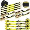 KJE Heavy Duty Car Trailer Tie Down Straps with Reflective - (4) 2" x 10' Ratchet Straps + J-Hooks with Clip, (4) Axle Straps 2" x 36'' - 10,000lbs Break Strength - Use for Car, Truck, UTV Transport