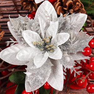 RECUTMS 10 Pcs Christmas Glitter Artificial Poinsettia Flowers 6inch Christmas Wreath Christmas Tree Flowers Ornaments Holiday Seasonal Decorations (Silver, 6inch) (Sliver1)