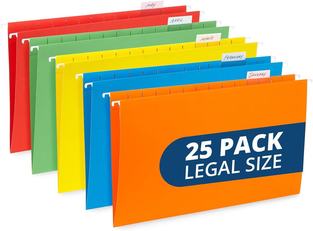 Blue Summit Legal Size Hanging File Folders, Legal Size Folders 9.5  14.75, 25 Reinforced Hanging Files in Assorted Colors, Designed for Home and Office Color Coded File Organization, 25 per Box