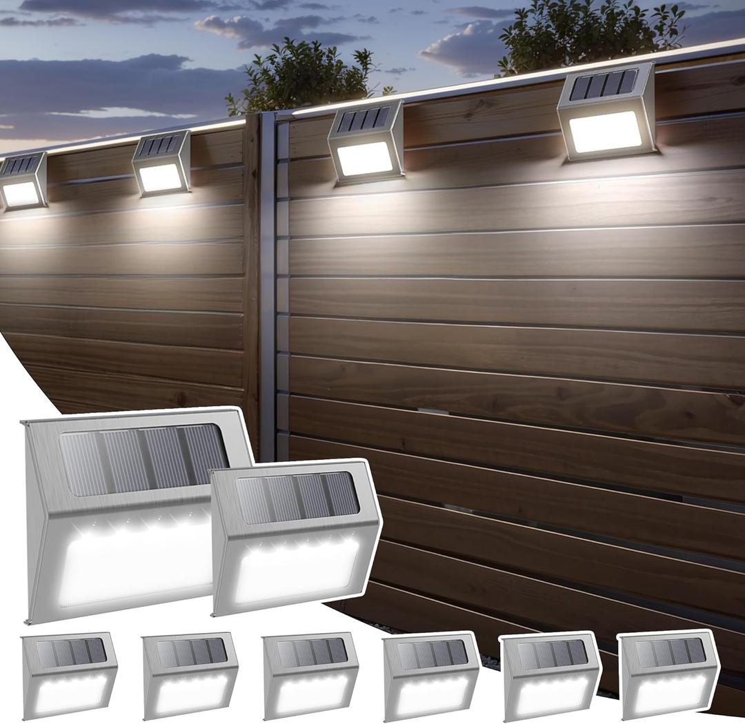 Otdair Solar Lights Outdoor Waterproof, Solar Fence Lights Auto On/Off, Bright LED Outdoor Lighting for Fence, Patio, Deck, Garden, Pathway (8 PCS, Silver-White)