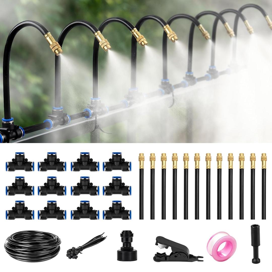 39FT Garden Mister System, Automatic Garden Watering System with 360-degree Bending Dropper Atomizing Copper Nozzle, Drip Irrigation System for Garden, Greenhouse, Yard, Lawn, Plant (12 Spray Nozzles)