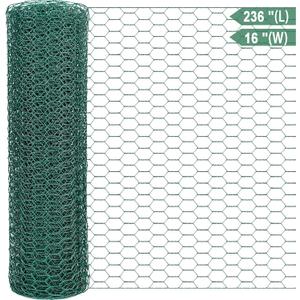Chicken Wire Netting 16 x 236 Inch Green Hexagonal Galvanized PVC Coated Fencing Mesh for Garden, Poultry Barrier, Floral Arrangements and Crafts