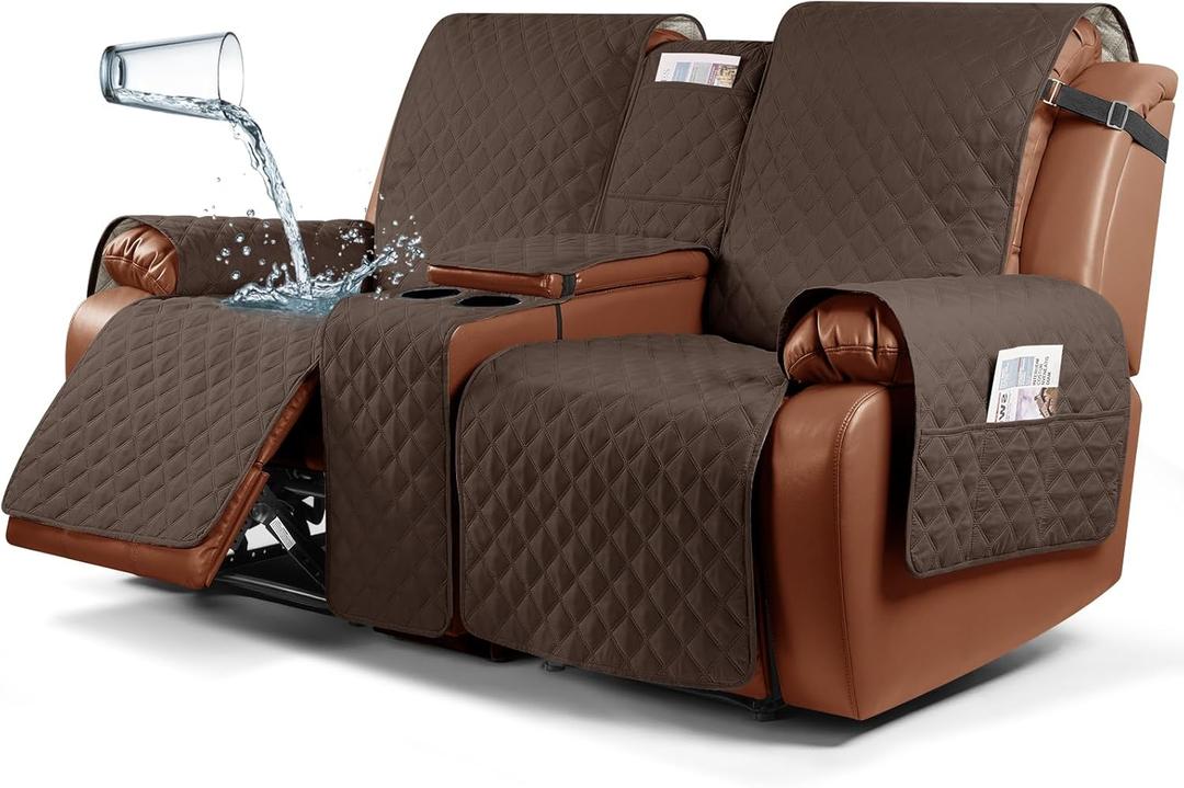 Ruaozz Waterproof Recliner Loveseat Cover with Console Non-Slip Couch Covers for Reclining Couches Pet Cover for Double Recliner Sofa Cover with Elastic Straps for Kid Dogs Pets (Dark Brown, 2 Seater)
