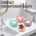 3 x Silicone Self Draining Soap Dish Tray Holder Cute Sea Shell 25Slope for Bar Soap Saver Waterfall Drain Shower Bathroom Sink with Bristles Brush Keep Dry Blue