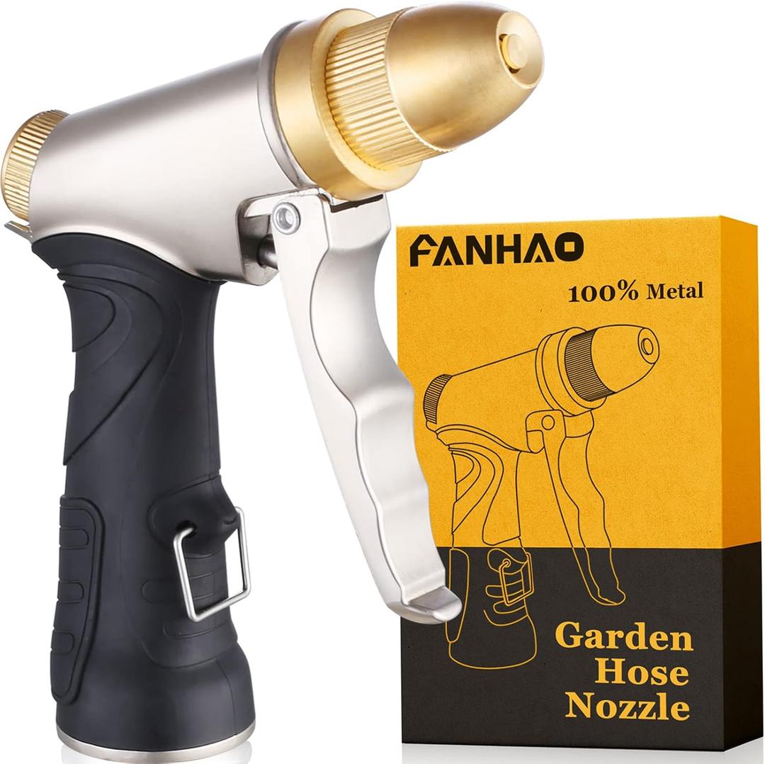 FANHAO Garden Hose Nozzle, 100% Heavy Duty Metal Spray Nozzle High Pressure Water Nozzle with 4 Patterns for Watering Garden, Washing Cars and Showering Pets - Full Brass Nozzle & Non-Slip Grip